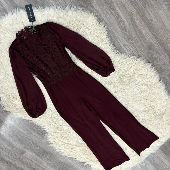 NWT EMPRADA Nerine crochet lace mesh jumpsuit in burgundy red - M - Picture 2 of 7